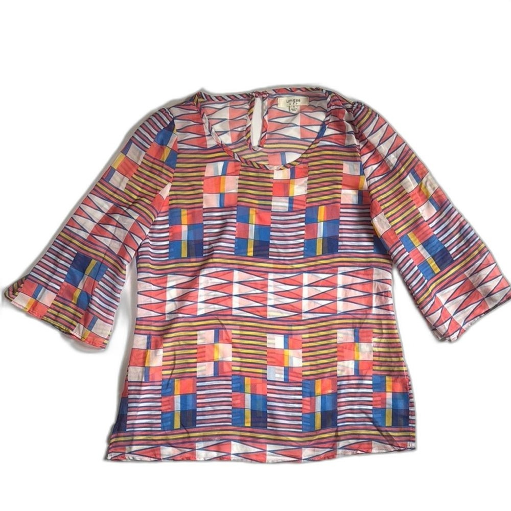 Umgee | Women's Small, Colorful Bell Sleeve‎ Sheer Blouse with Graphic Design